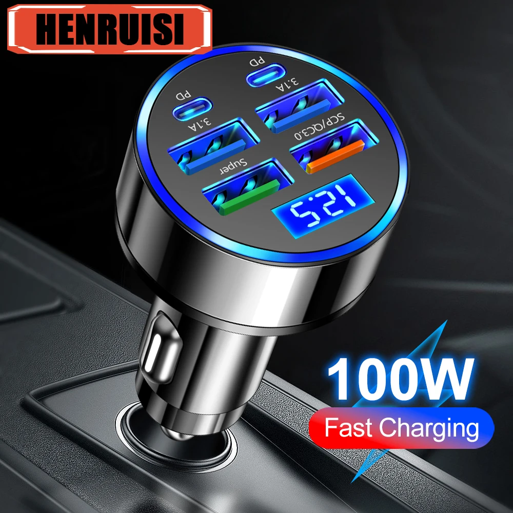 Car Phone Charger 100W 6 Ports Car Charger Fast Charging PD QC3.0 USB C Adapter For iPhone Samsung Xiaomi Huawei