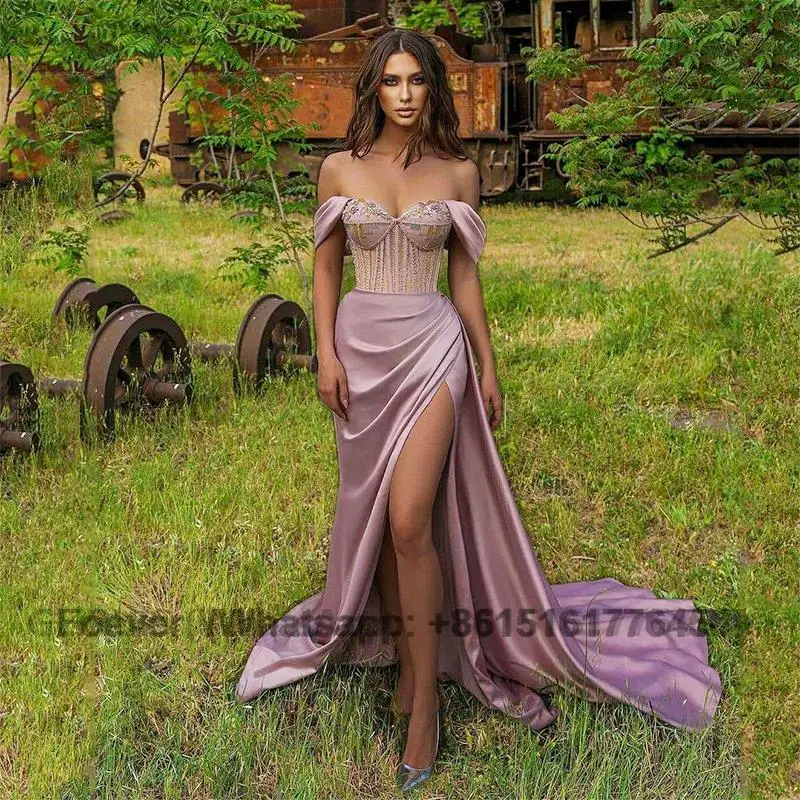 

Dubai Prom Party Dresses High Split Beads Sequined Purple Evening Gowns Long Off Shoulder Celebrity Dress 2023