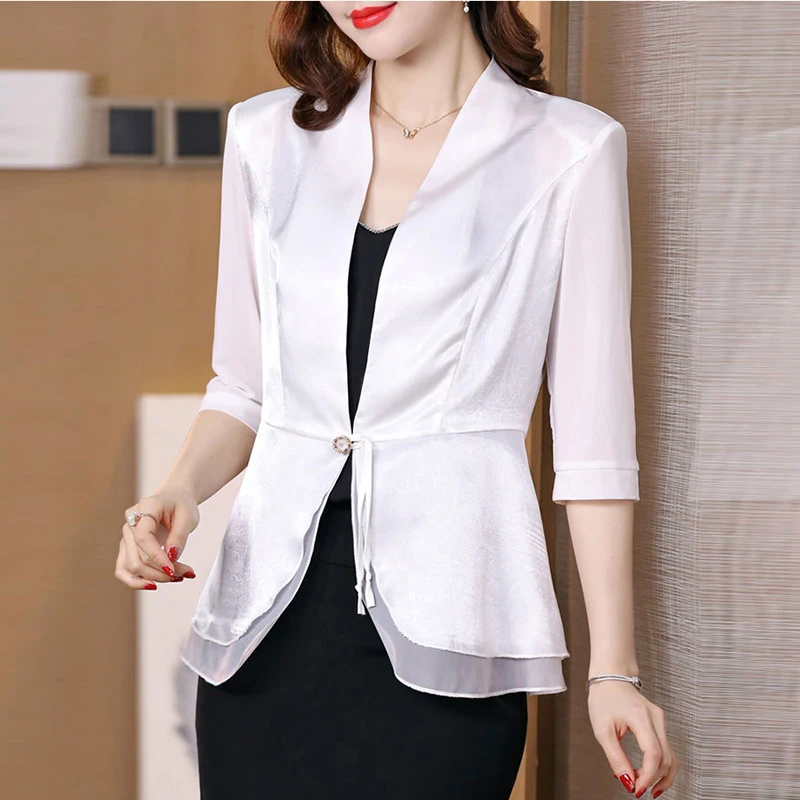 

2022 spring and summer new fashion solid color self-cultivation practice slimming satin stitching mesh mid-sleeve jacket women