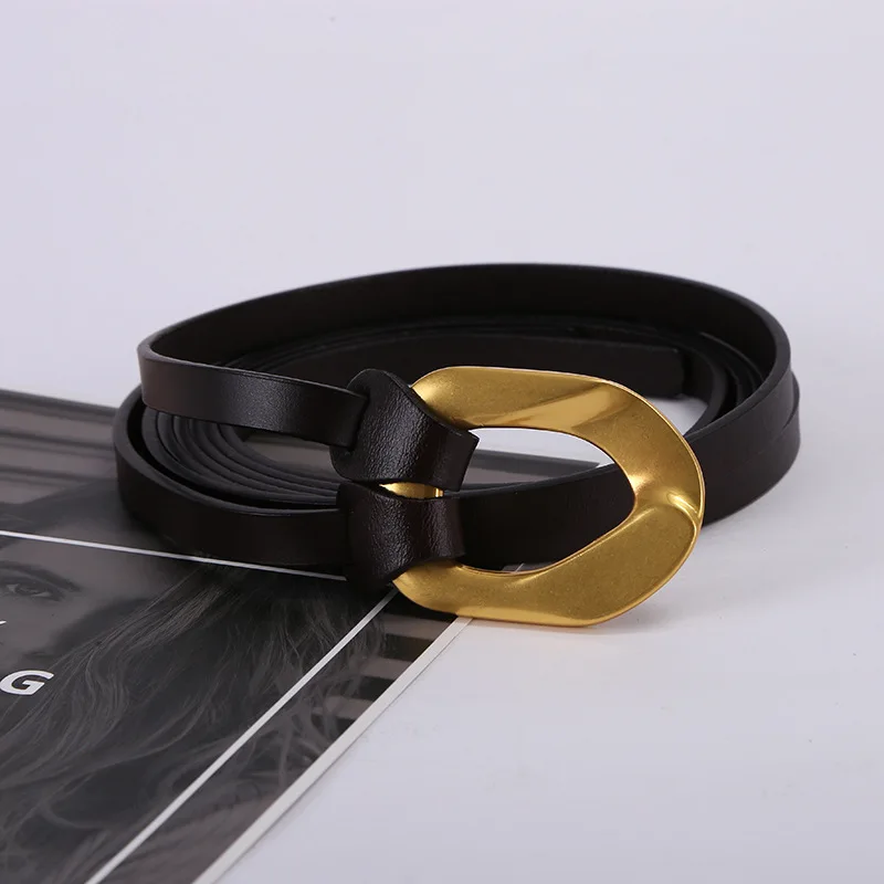 2023 New Antique Copper Buckle Knotted Belt Women's Double Black Calfskin Belt with Suit Dress Sweater Waist Seal