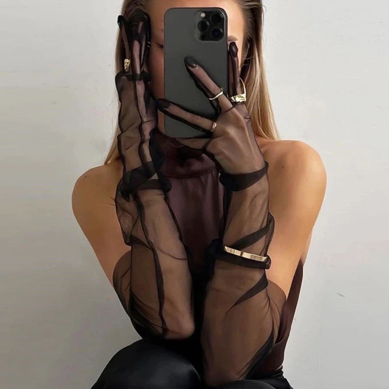 Long Sheer Tulle Wedding Gloves - Ultra Thin Stretchy Full Finger Mittens
