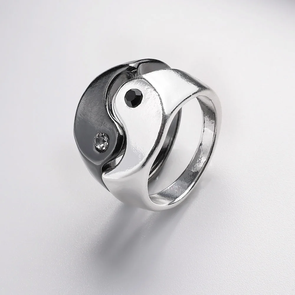 1Pair Yin Yang Gossip Rings For Men Women Vintage Punk Metal Drop Oil Tai Chi Paired Ring Set Couple Ring Jewelry Friend Gifts 6