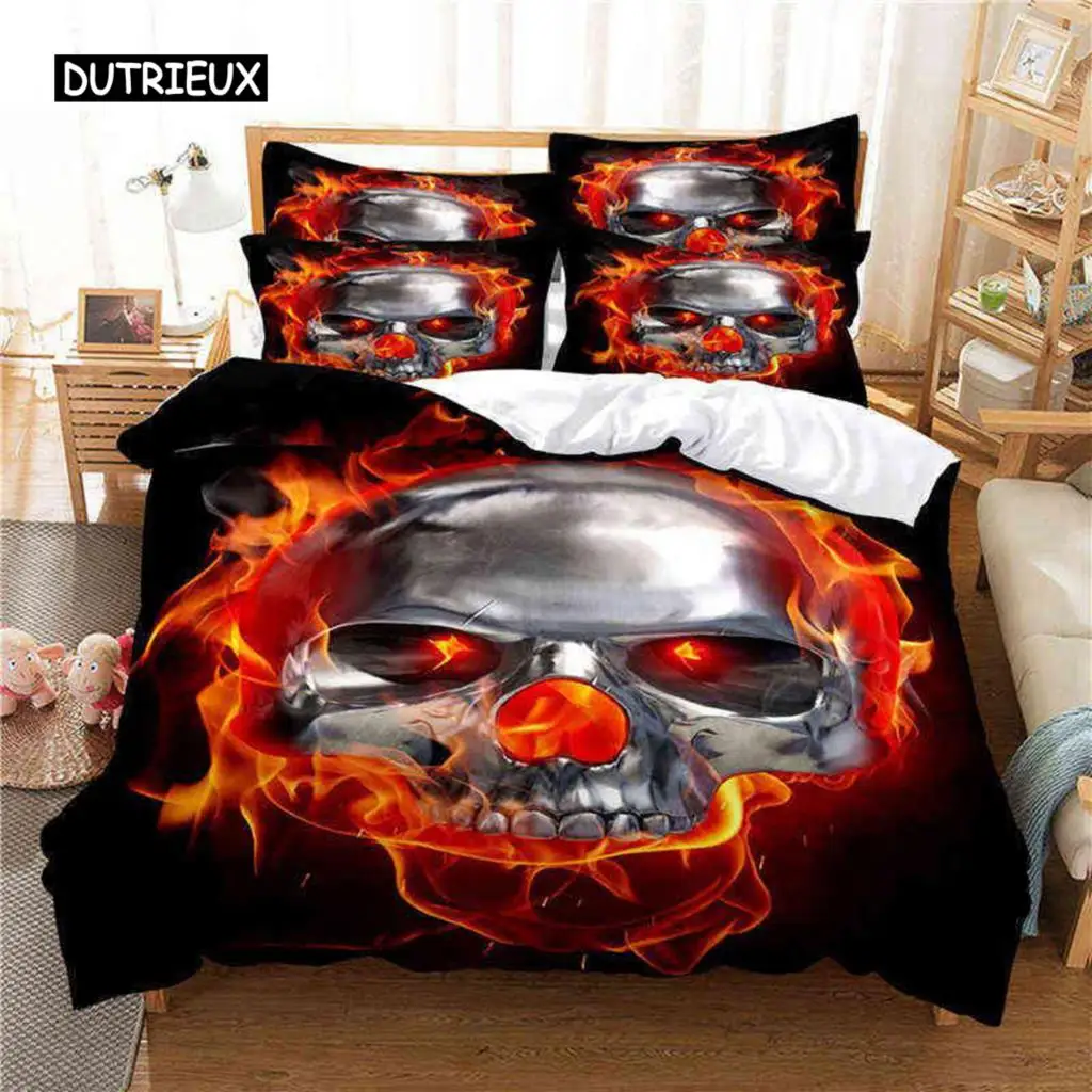 

Skull Duvet Cover Set Twin Size Microfiber Orange Fire Skull Bedding Set Kids Boys 3D Skull Design Soft Comfortable Quilt Cover