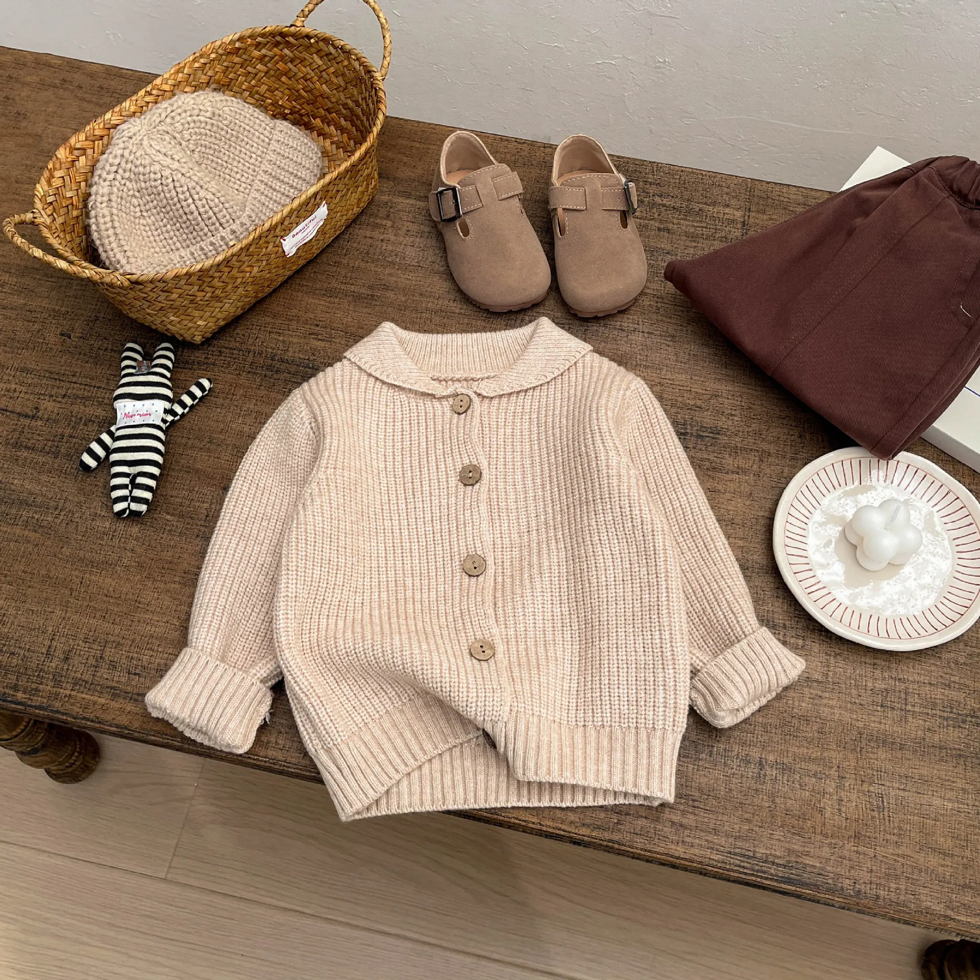 한국 어린이 스웨터 봄 가을 복고풍 솔리드 컬러 니트 가디건  소녀 소년 아동 의류