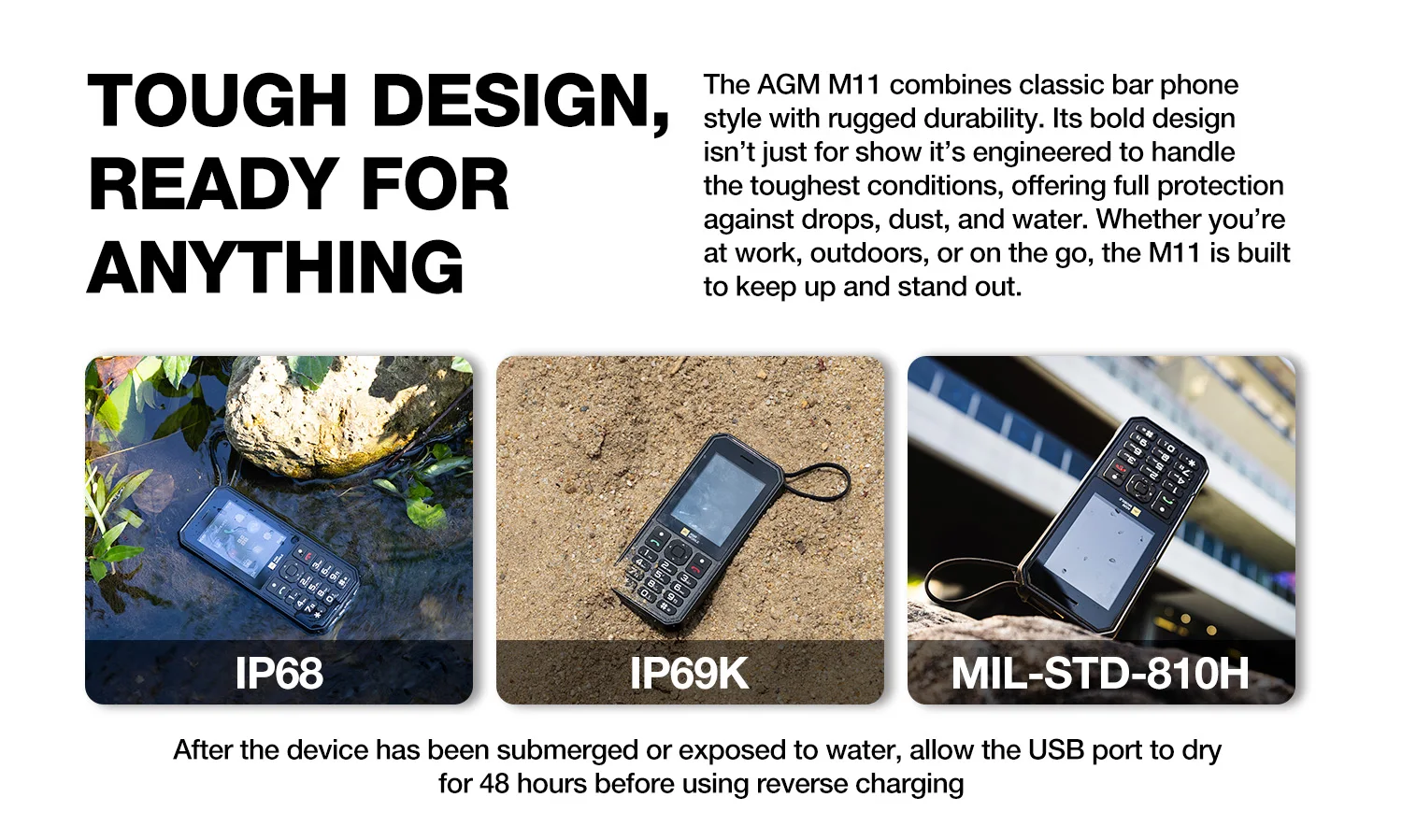 AGM M11 4G Rugged Phone IP68 Waterproof Feature Phone 4000mAh Emergency Charger Wi-Fi Hotspot Wired Reverse Charging for Outdoor
