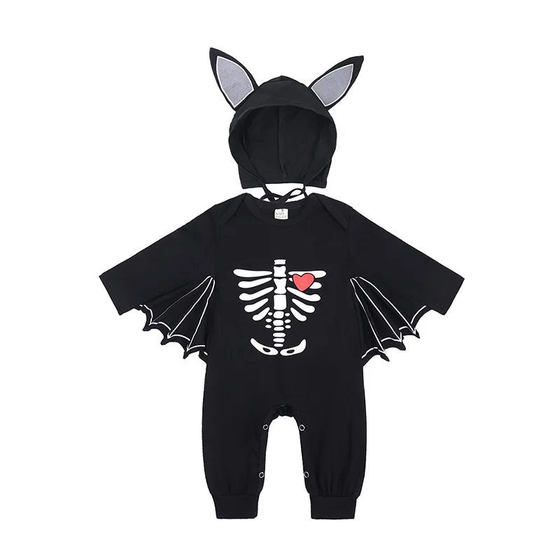 

Umorden Halloween Costumes Infant Baby Black Bat Romper Jumpsuit Set Skeleton Heart Print 6-12M 12-18M