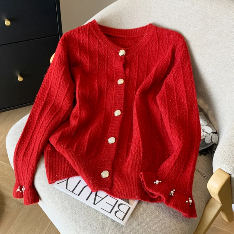 

Women White Clothing Cardigan Knitting Sweater Korean Version Solid Round Neck Jacket Cashmere Coat Female Red Winter Tops