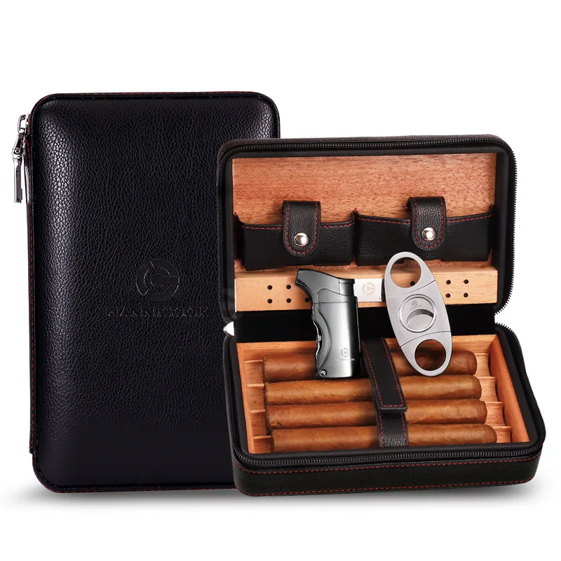 

Cigar box, genuine leather, cedar wood, portable travel set windproof lighter cigar scissors moisturizing leather case