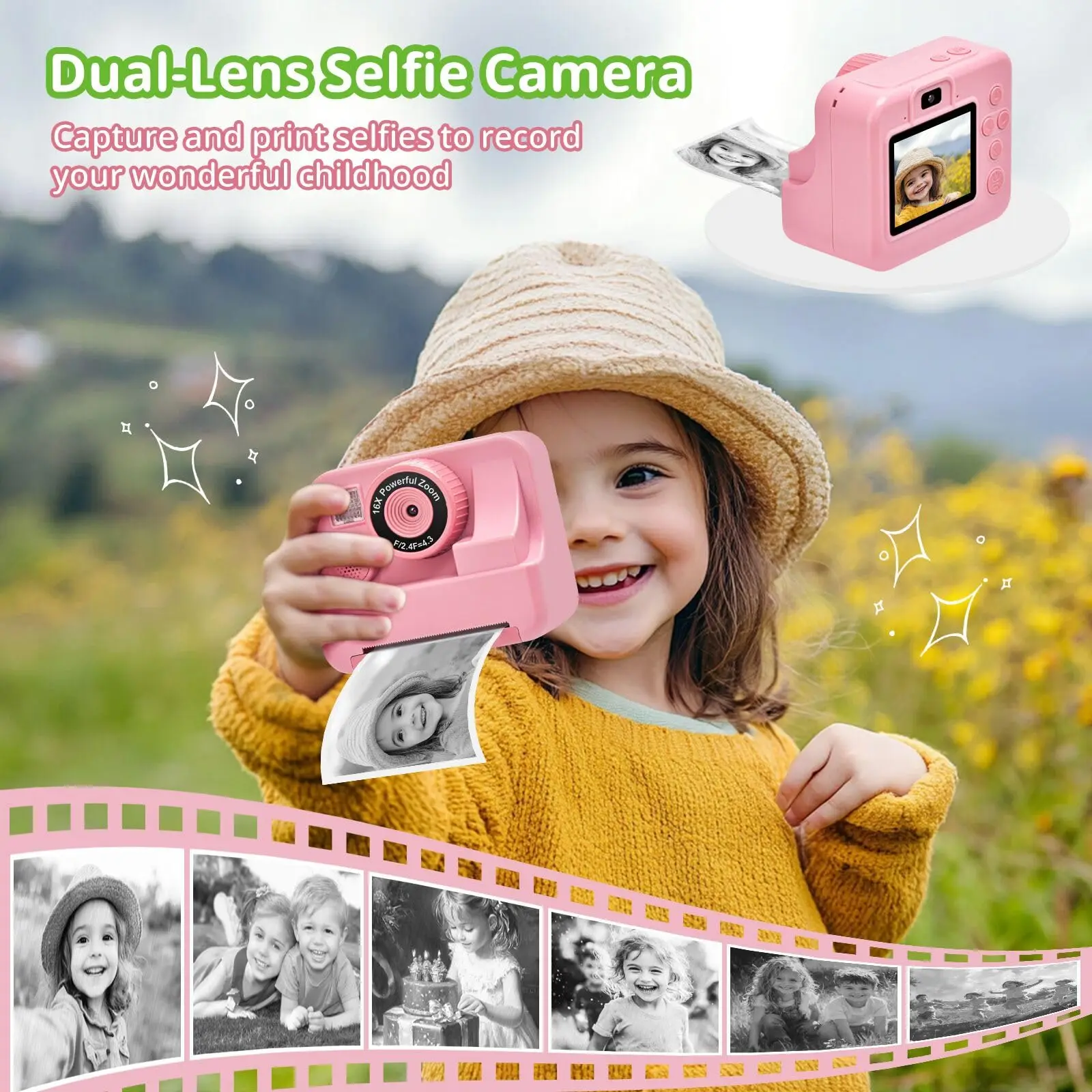 Kids Instant Print Camera Digital Camera Toddler Toys 1080P 2.4 Inch Camera Thermal Printing Photo Video Games Boys Girls Gifts
