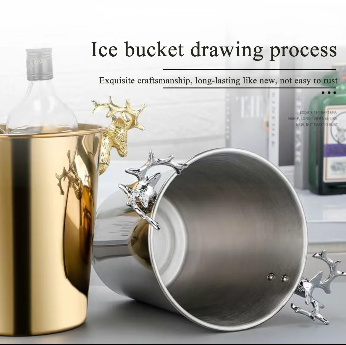 Stainless Steel Ice Barrel, Gold Deer Head, KTV Wine Chiller, Bottle Cooler, European Style Champagne Barrel