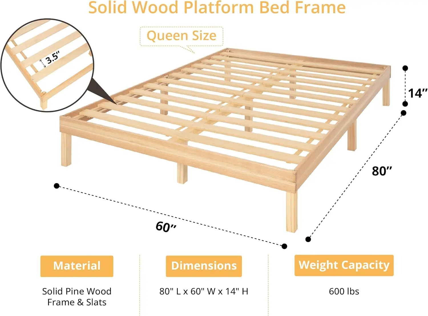 14 Inch Solid Wood Platform Bed Frame, Pine Wood Platform , No Squeak 2