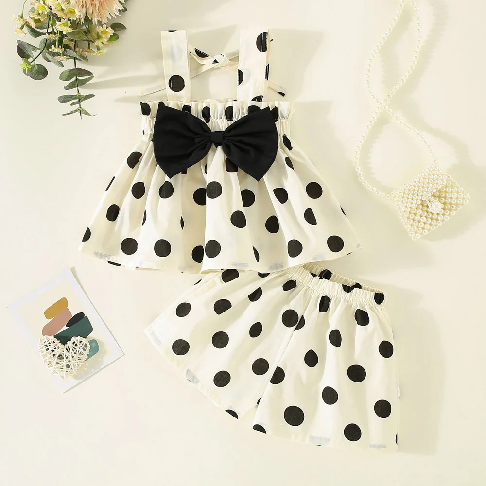 2-teiliges Set für Babymädchen Sommer Baumwolle Schleife Polka Dot Trägerhemd Shorts Mädchen-Sets Cartoon Niedlich Lässig Strand Babykleidung