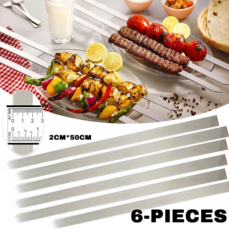 Modules Kebob en acier inoxydable pour barbecue, modules Wers, sans bois, manche plat, Wer Nucleofor Brazilian Koobideh Persian, 50cm de large, 6 pièces