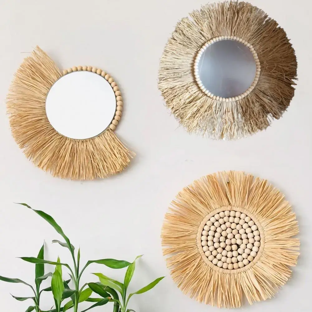 40cm Hanging Mirror Straw Moroccan Wood Beads Acrylic Multi-function Decorative Ornament Rattan Nordic Wicker Decor For Bedroom