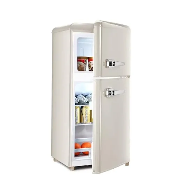 Double Door Retro Mini Fridge Freezer Combo Compact Kitchen Office Bar Glass Shelves Ice Trays Quiet Operation Energy Efficient 1