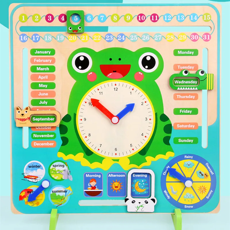 Cartoon Wooden Frog Calendar Clock Set Children Wood Calendar Time Cognitive Matching Toys Kids Early Learning Education Toys 4