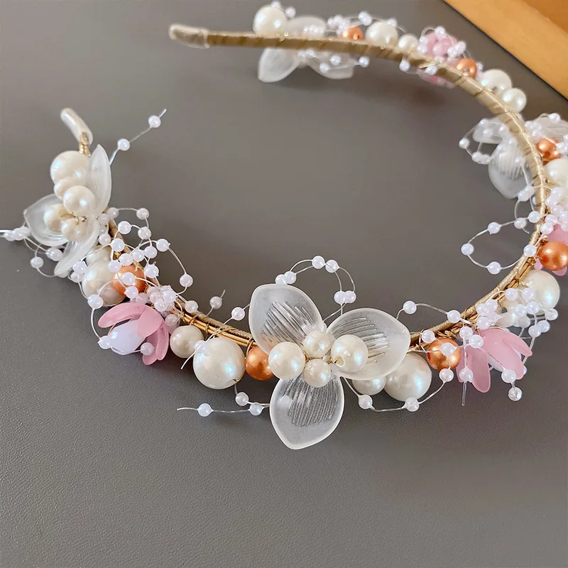 Korean Fashion Simple Pearl Headband Women Girls Children Flower Garland Headband Bride Wedding Crown Sweet Beaded Headpiece