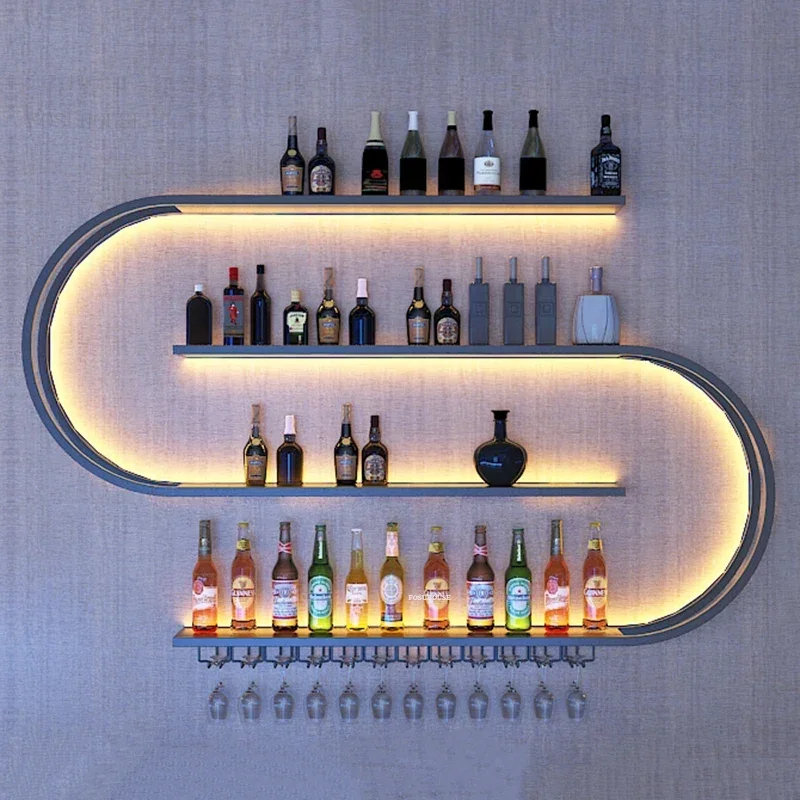 Nordic Iron Art Wine Cabinets with Light Wall Mounted Wine Rack Creative Geometric Art Restaurant Showcase for Bar Furniture