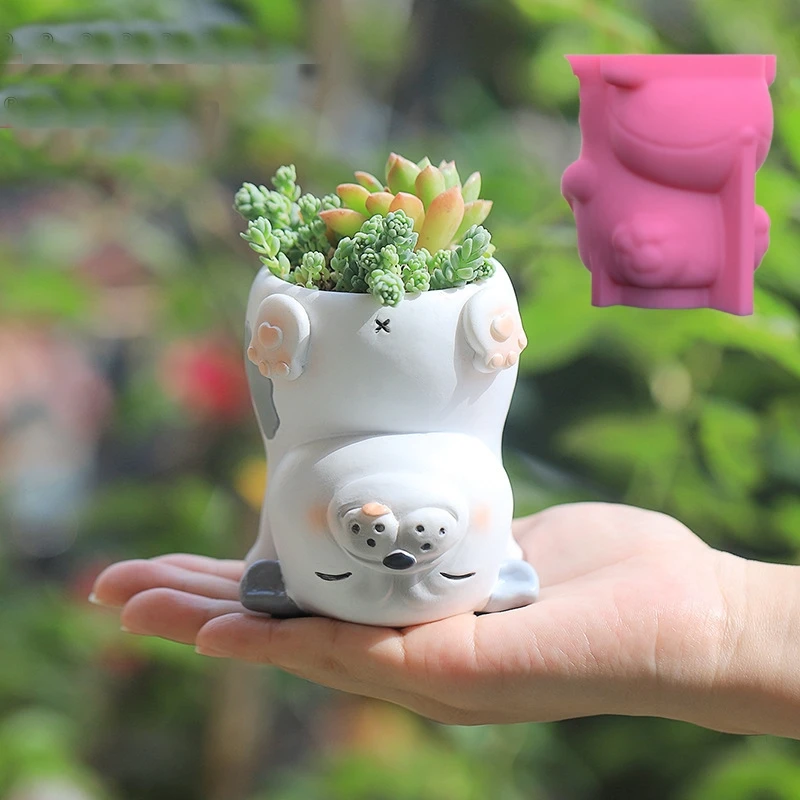 Desenhos animados Flip Suculentas Plant Flower Pot, Panda Resina Silicone Mold, Gato bonito e porco, Gesso De Cimento Concreto, Caixa de armazenamento DIY