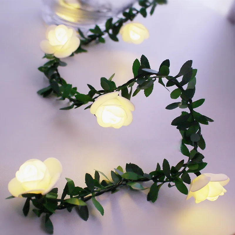 

Rose Flower Led Fairy String Lights Artificial Green Leaf Rattan Wedding Birthday Party Home DIY Decoration Christmas Garland