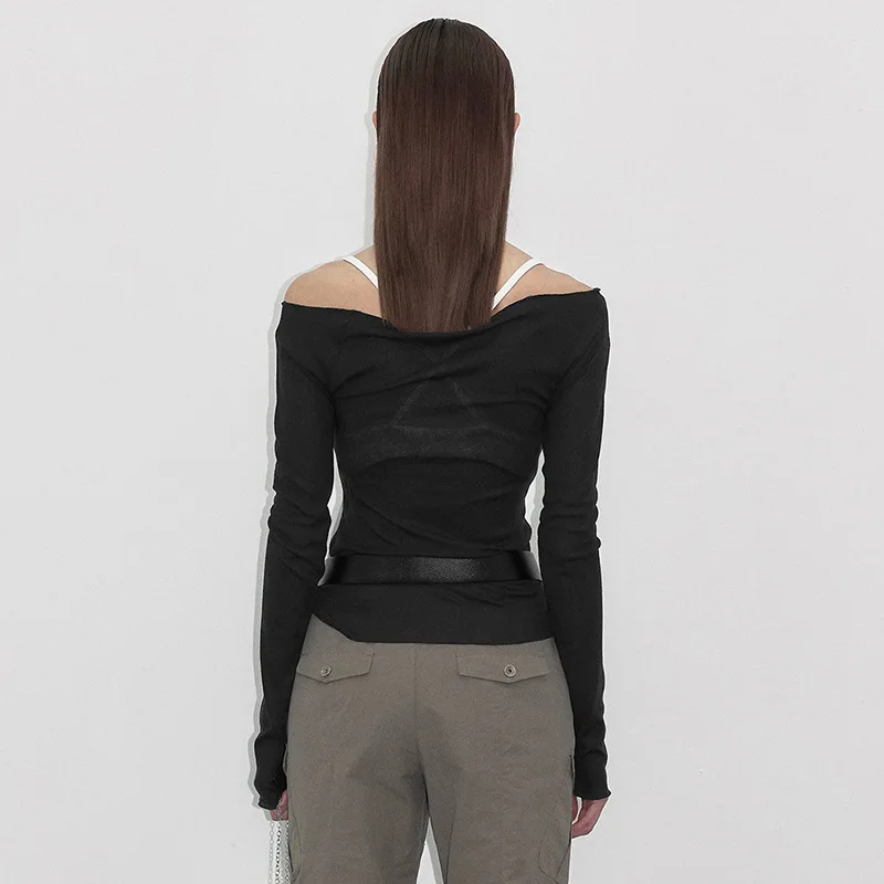Fashion Knitted Mesh Character Print Graphic T Shirts Casual One-Piece Neckline Long Sleeve Women Clothes See-Through Y2k Top