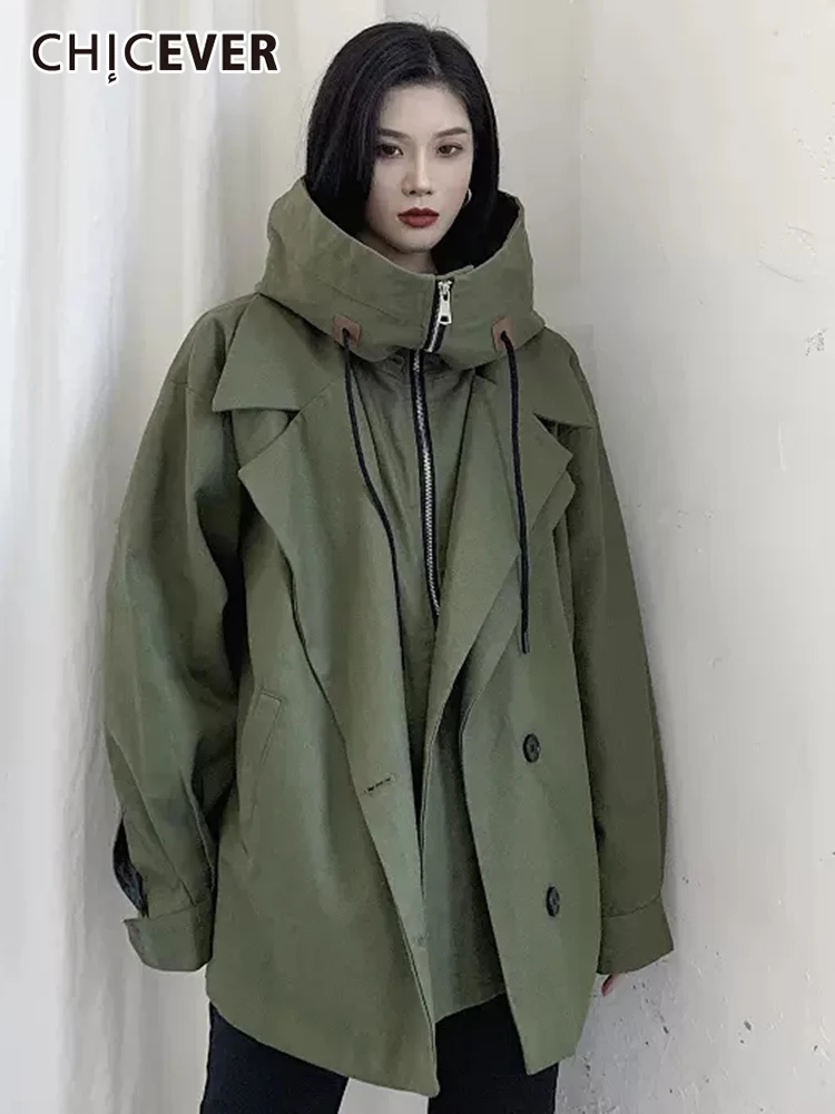 

CHICEVER Hooded Collar Oversized Coats For Women Long Sleeve Patchwork Zipper Korean Fashion Jackets Female Clothing 2022 Autumn