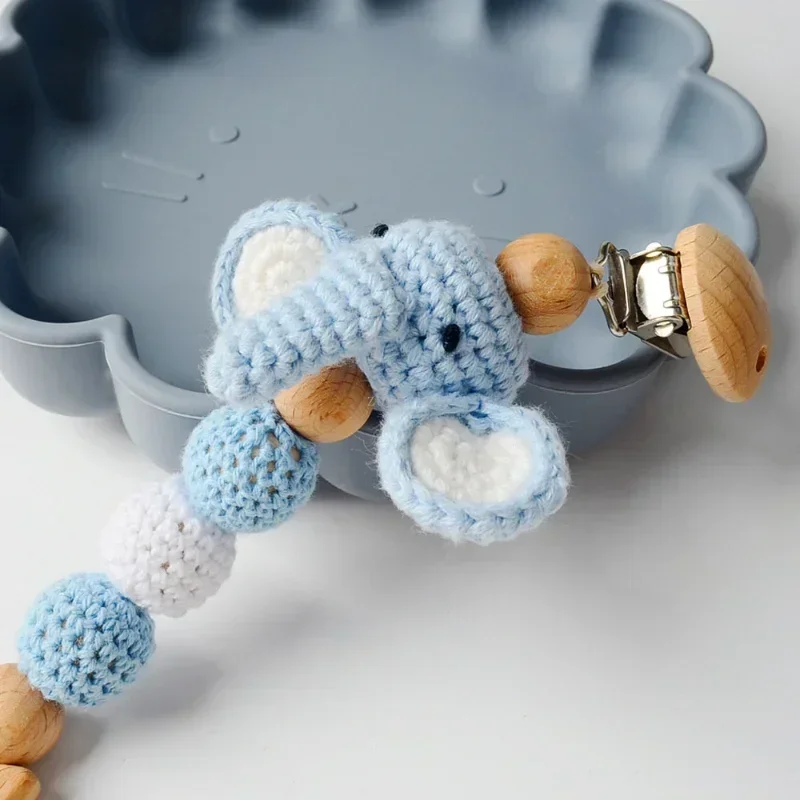 Pacifier Chain Cartoon Bunny Pacifier Chain Clip Wood Crochet Bear Teething Chain Baby Teether Soother Holder Newborn Chew Toys Pacifier Clips