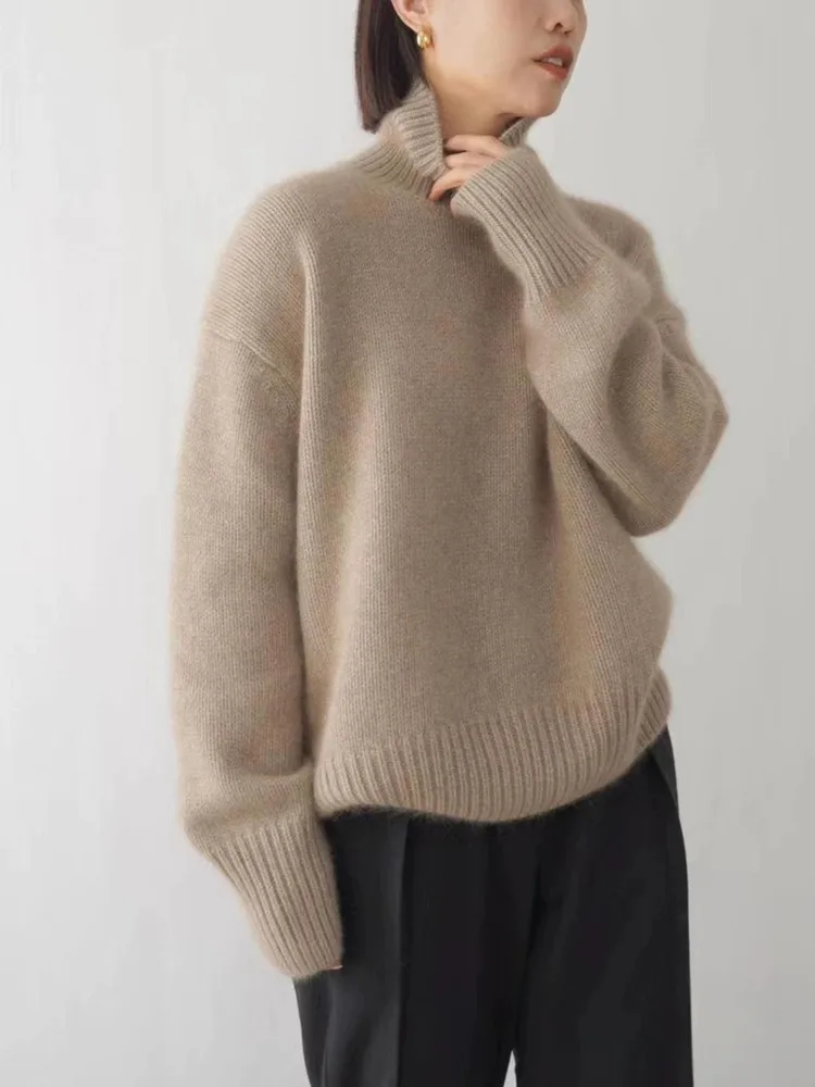Autumn/Winter Women Turtleneck Pullover 100% Wool Cashmere Sweaters Knitted Soft Warm Jumper Thickened Loose Solid Color Clothes
