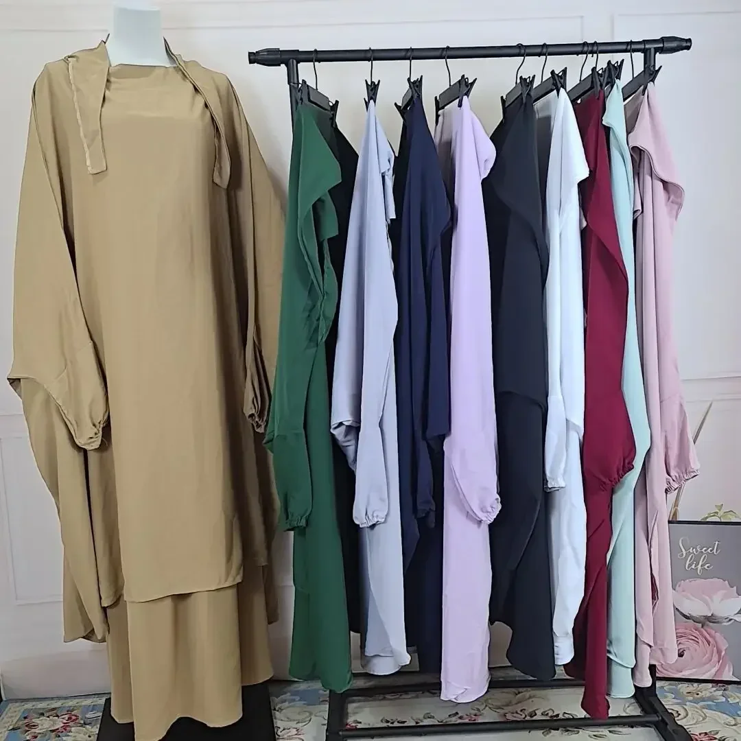 Hooded Abaya Muslim Women Long Khimar Hijab Prayer Dress Jilbab 2 Piece Eid Ramadan Gown Abayas Skirt Sets Islamic Clothes Niqab
