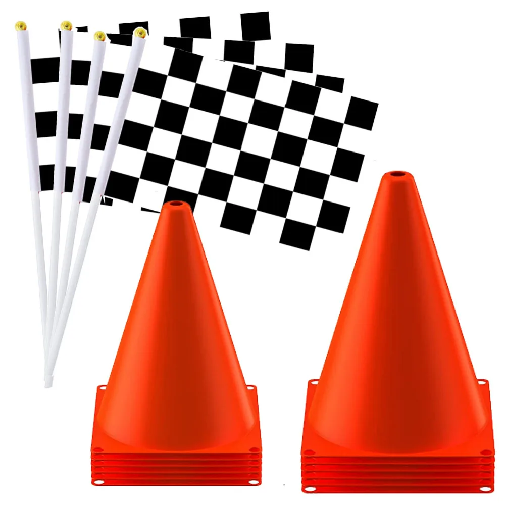 30pcs Traffic Cones and Racing Checkered Flags Sets Mini Red Sports Safety Cones for Kids Race Car Theme Birthday Party Supplies