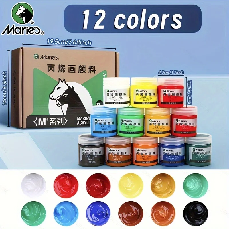 Marie's 12-Farben-Acrylfarben-Set, 50-ml-Flaschen in einer Box für Wand, Holz, Porzellan, Heimwerken, Glas, Leinwand, für Künstler und Erwachsene