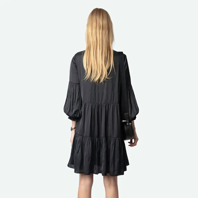 Zadig O-Neck Dress Female Casual Folds Black Dresses Women Long Puff Sleeve Robes Lady Diamond Buttons Robe Casual Loose Jupe 2