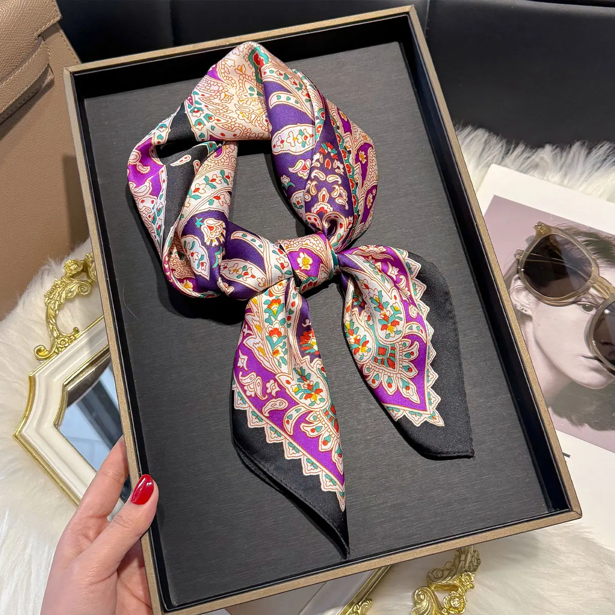 2025 Design Paisley Print 70*70cm Square Scarf Women Soft Satin Hairband Neckerchief Tie Female Headband Foulard Bag Ribbon Gift
