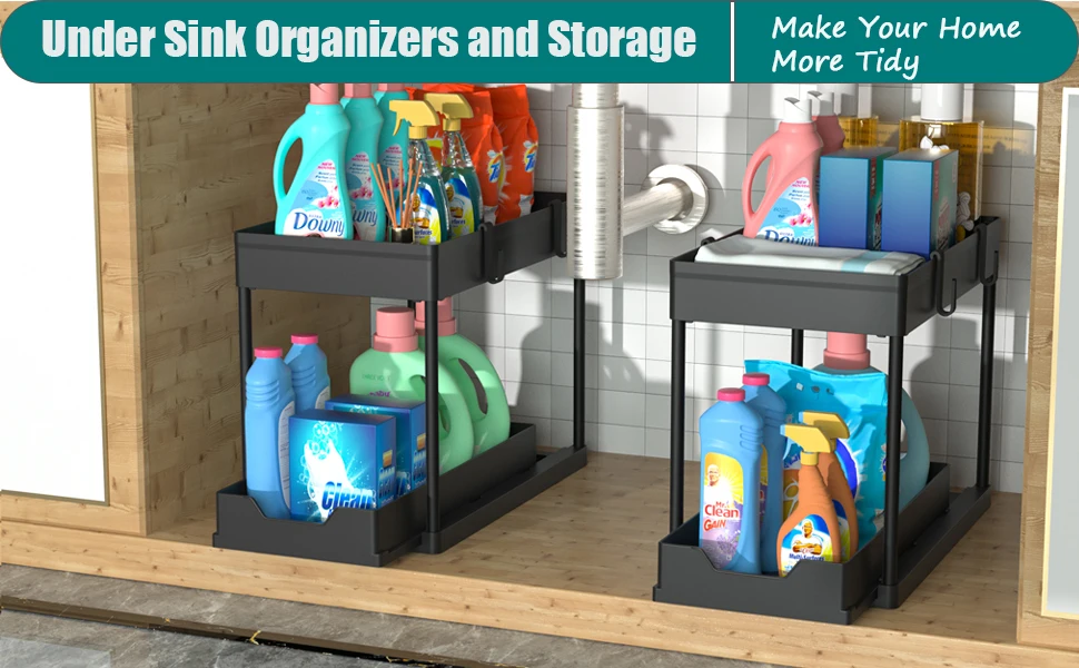 Description Picture 3 of item2-Tier Multi-Use Kitchen and Bathroom Organizers Storage with Sliding Drawers, Bathroom Cabinet Organizer with Hooks Hanging Cup