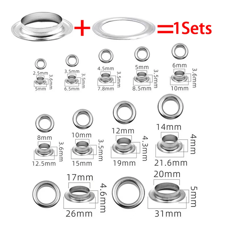 Eyelet Grommet With Washer Round Metal Rings For DIY Leathercraft Repair Shoes Bag Clothing Belt Hat Accessories 100 Sets 3-20mm eyelet grommet ring kit,eyelet grommet ring,grommet eyelet kit
