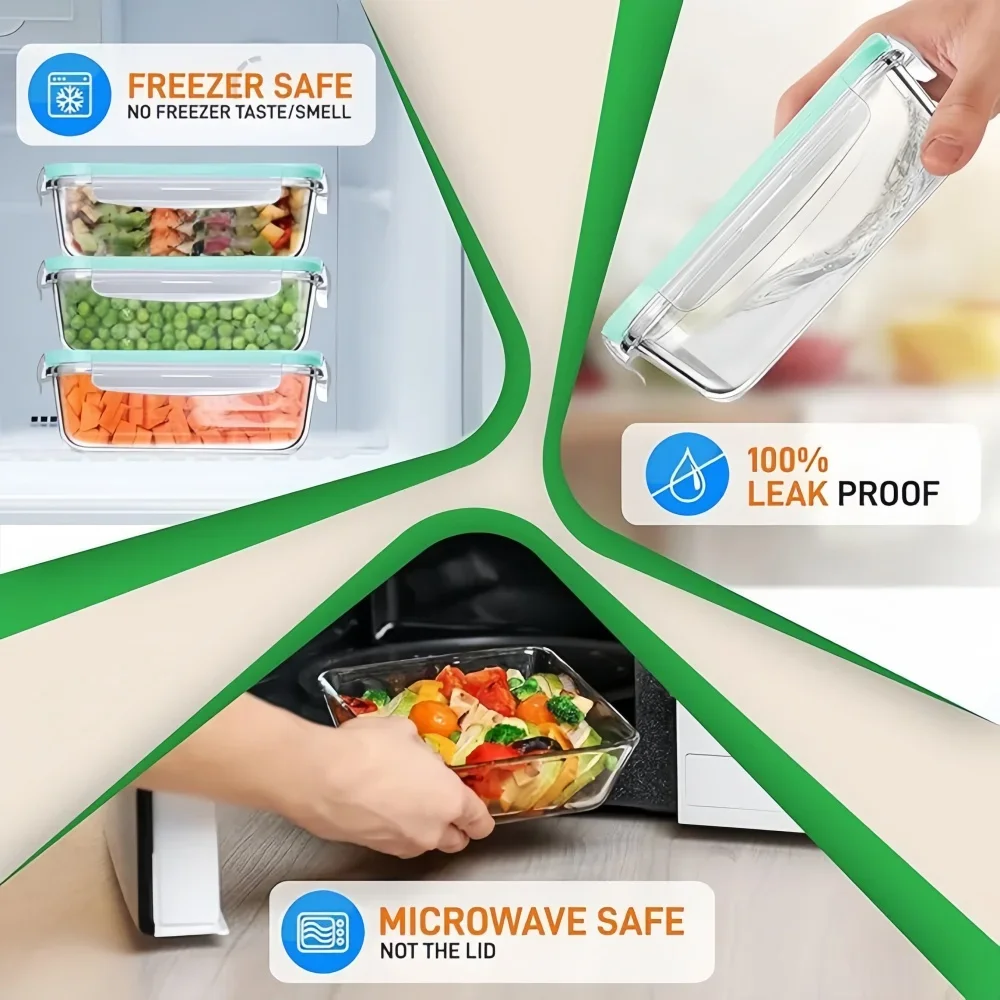 Glass Meal Prep Containers with Locking Lids - Airtight, Microwave & Dishwasher Safe Bento Box