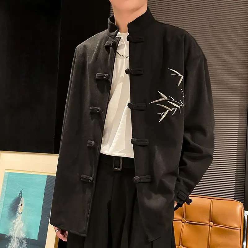 Chinese Style Stand Collar Hand Buttoned Bamboo Embroidered Long Sleeved Tang Suit Top Shirt Men's Autumn Casual Jacket