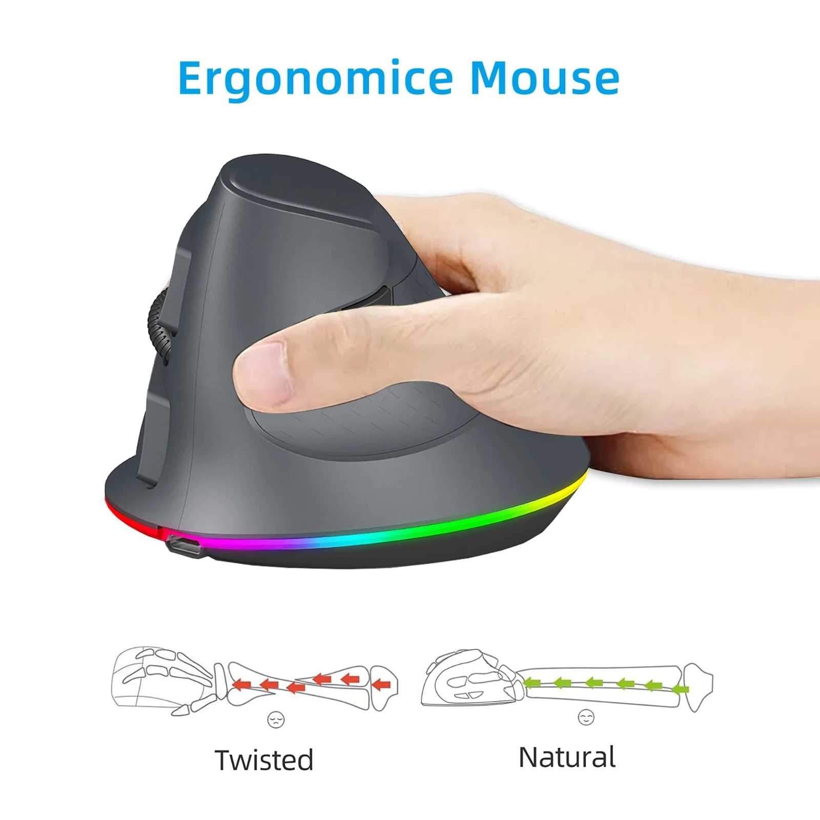 3 Modes Wireless Vertical Mouse Wired Macro Programmable RGB Ergonomics Game Mause 3200DPI USB Optical Mice for PC Laptop Tablet