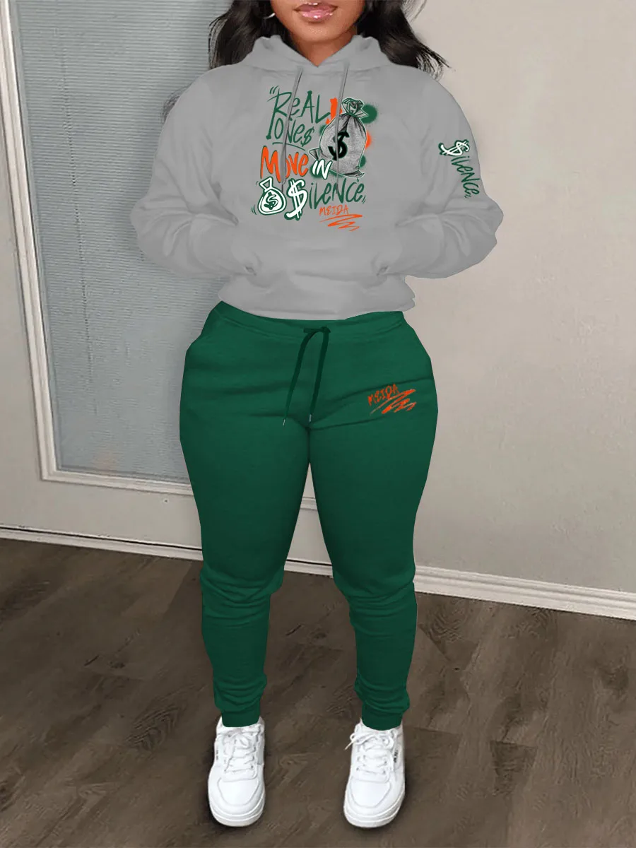Plus Size Lips Letter Print Kangaroo Pocket Tracksuit Autumn Winter Long Sleeve Hoodies