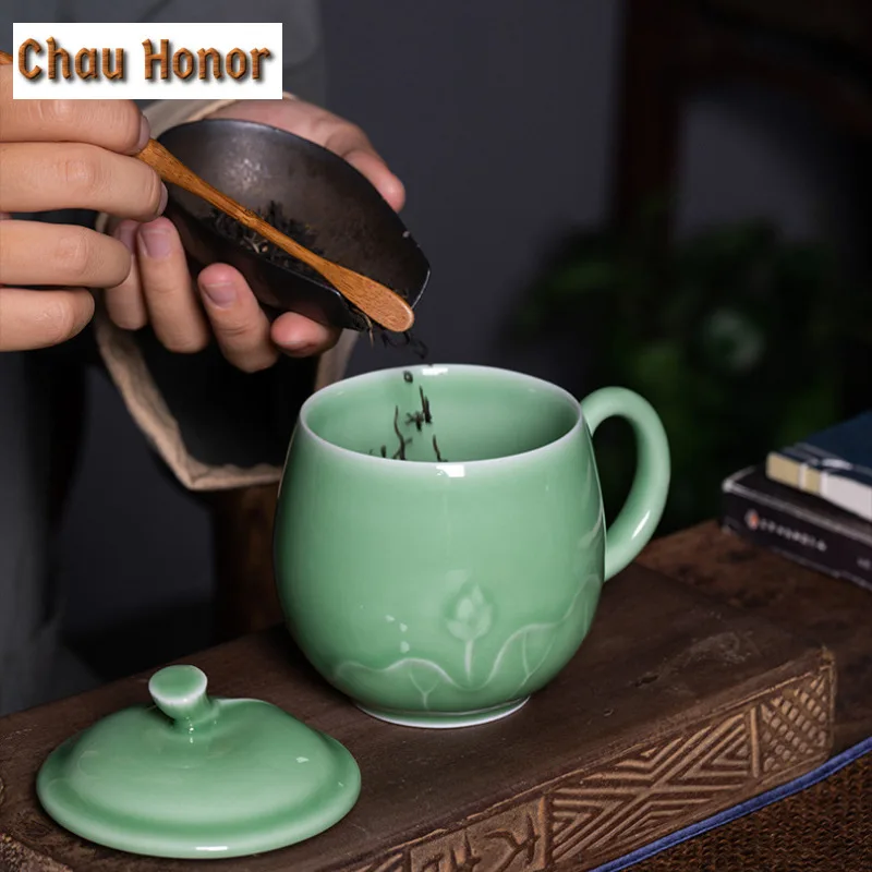 380ml Longquan Celadon Lotus Coffee Mug Boutique Cappuccino Latte Cup Afternoon Tea Mug Personal Office Water Cup Tableware Gift