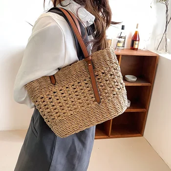 Neue Trendy Stroh Weben Tasche für Frauen Sommer Weibliche Handtaschen Schulter Tasche Einfache Shopping Totes Casual Urlaub Strand Tasche — изображение 4