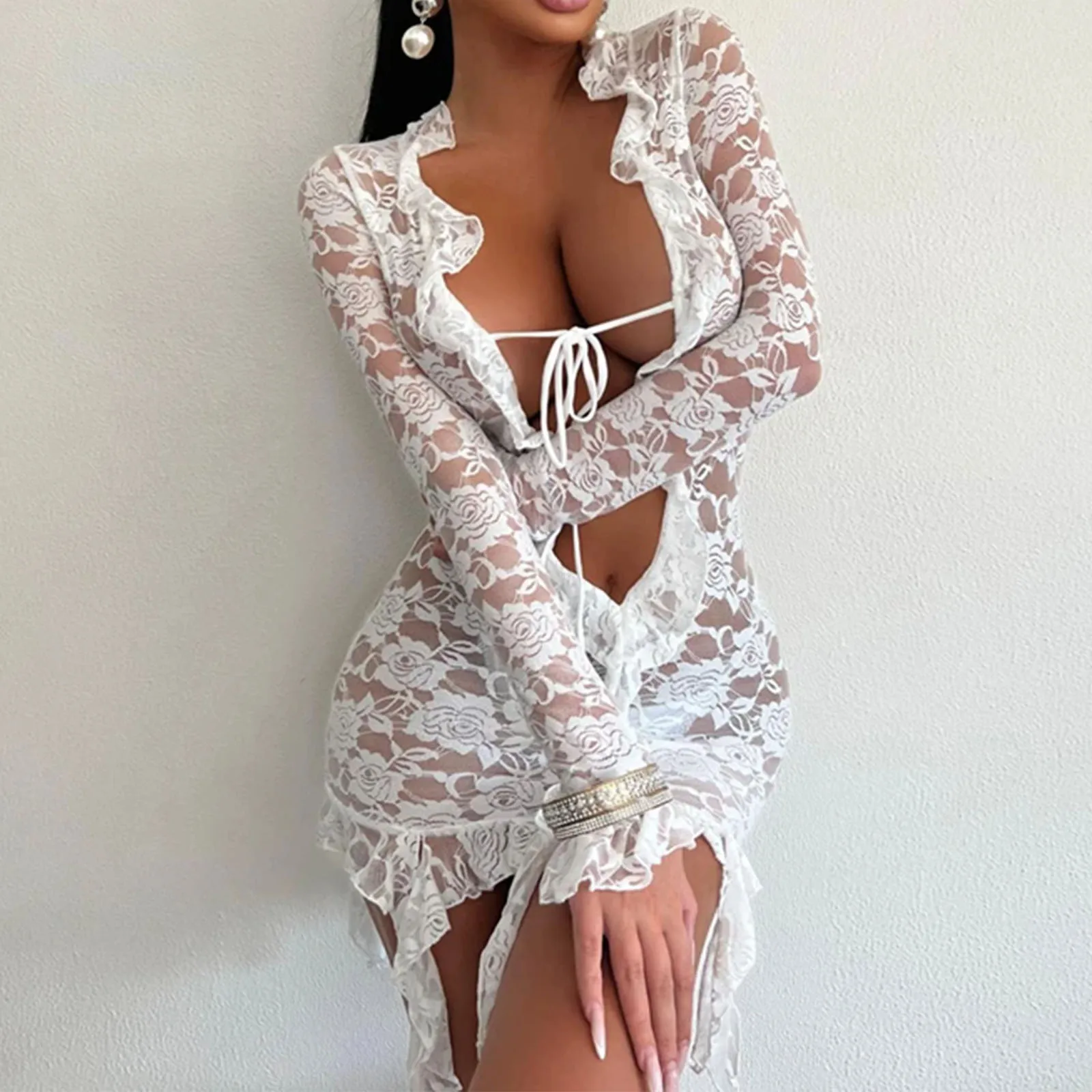 

Женское кружевное мини-платье, летнее сексуальное облегающее Прозрачное платье с глубоким вырезом спереди, с открытой шнуровкой, цветочное оформление, для женского клуба