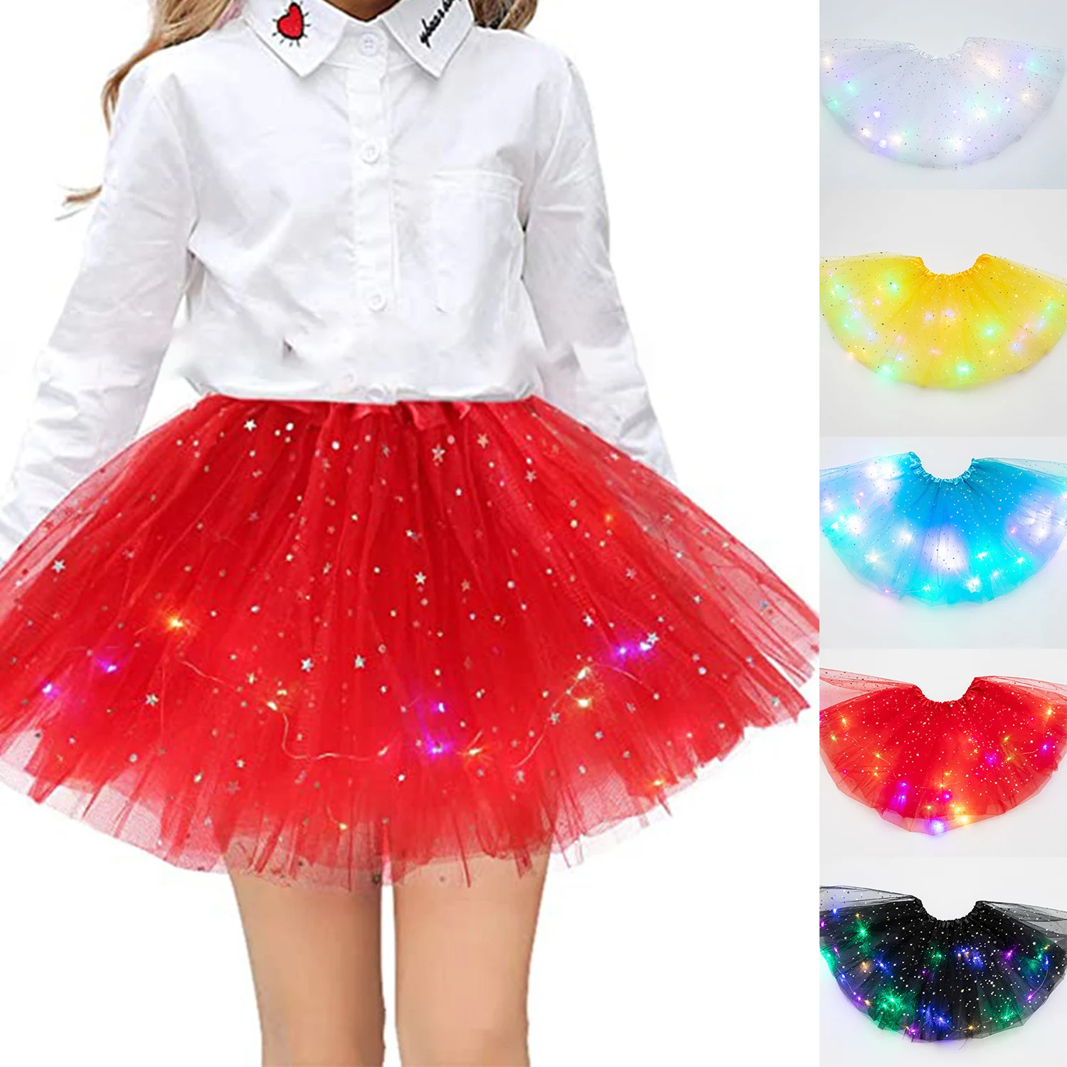 

LED Glowing Light Girls Tulle Star Short Tutu Skirt Children Fancy Ballet Dancewear Tulle Light Up Short Dress Light Up Costume