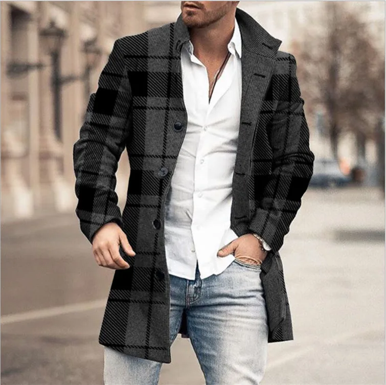 

Europe and the United States autumn and winter men's woolen stand-up collar mid-length pocket casual coat