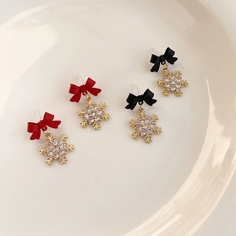 Kristall Metall Schneeflocke Baumeln Ohrringe für Frauen Party Trendy Süße Schmuck Nette Schwarz Rot Schleife Tropfen Ohrringe Festival Geschenke
