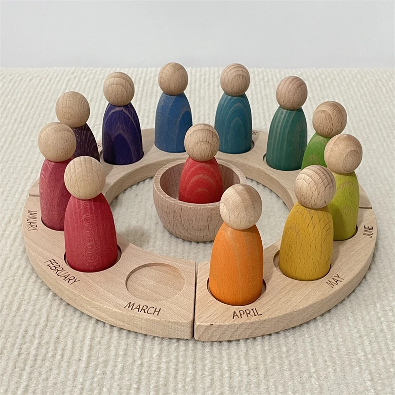 Wooden Perpetual Calendar Peg Dolls Figures Kids Learning Time Toys Open Ended Play Game Year Advent Calendar for Children 2