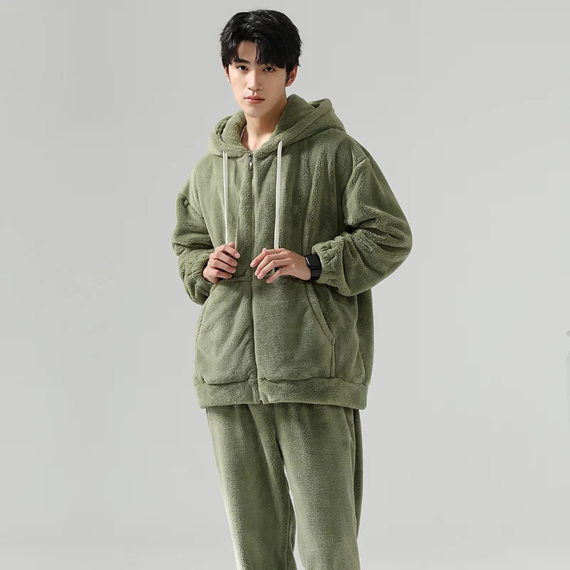 

Hooded Collar Tops + Pants 2PC Winter Fall Velvet Zipper Cardigan Suit Warm Men Pajama Set Full Sleeve Sleepwear Male Pijamas
