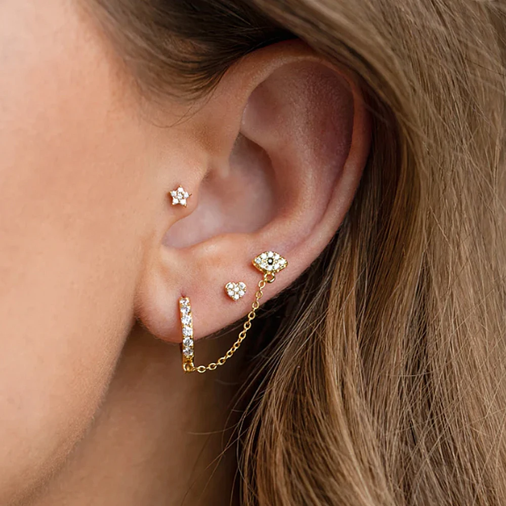 ROXI Trendy S925 Sterling Silver Single Row Cubic Zirconia Stud Hoop Earrings For Women Devil's Eye Chain Tassel 9mm Ear Buckle