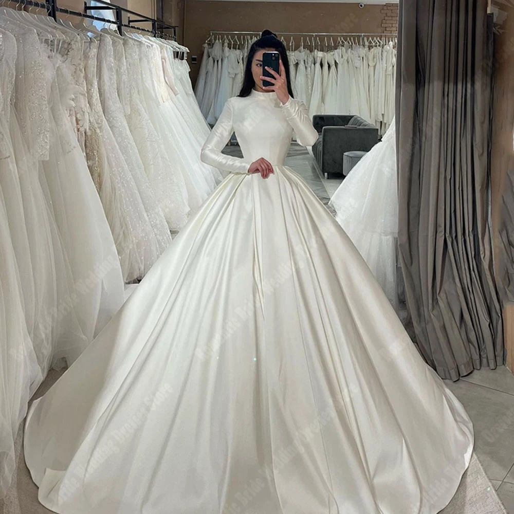 Elegant A-Line Women Wedding Dresses Bright Satin Bride Gown Mopping Length Sleeveless Princess Ball Vestido De Novia Customized 3