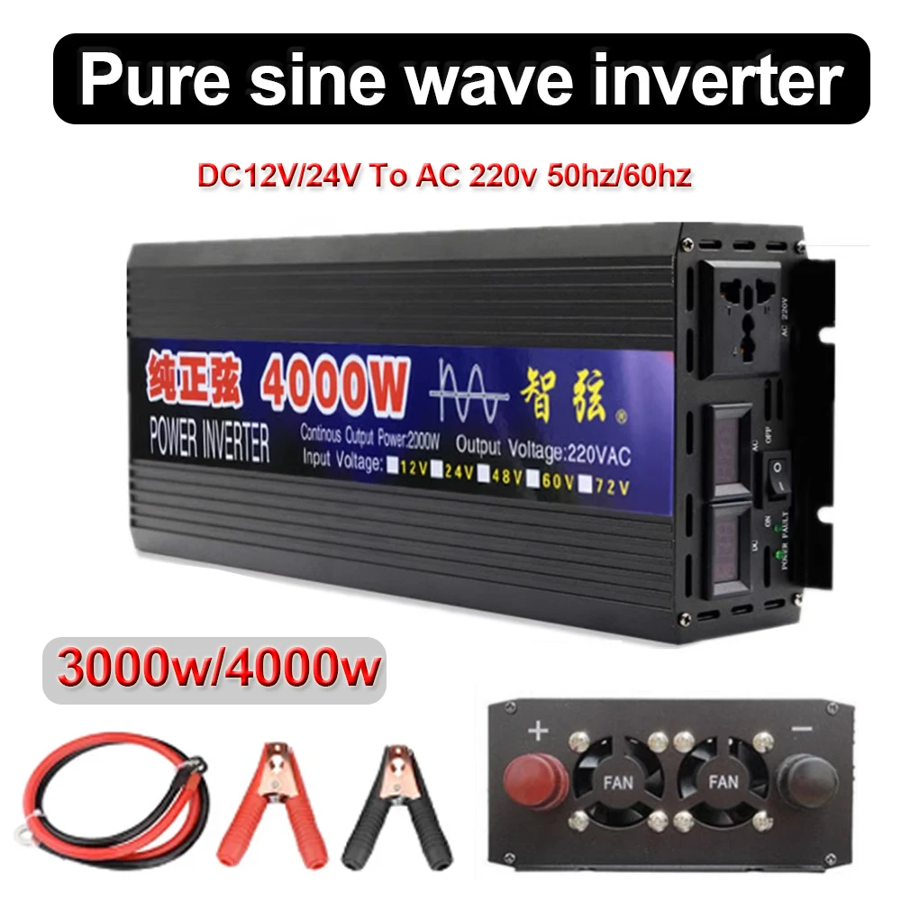 4000W 3000W Pure Sine Wave Inverter DC 12V 24V To AC 220V 50Hz 60Hz Portable Power Bank Converter Solar Car Inverter Transformer